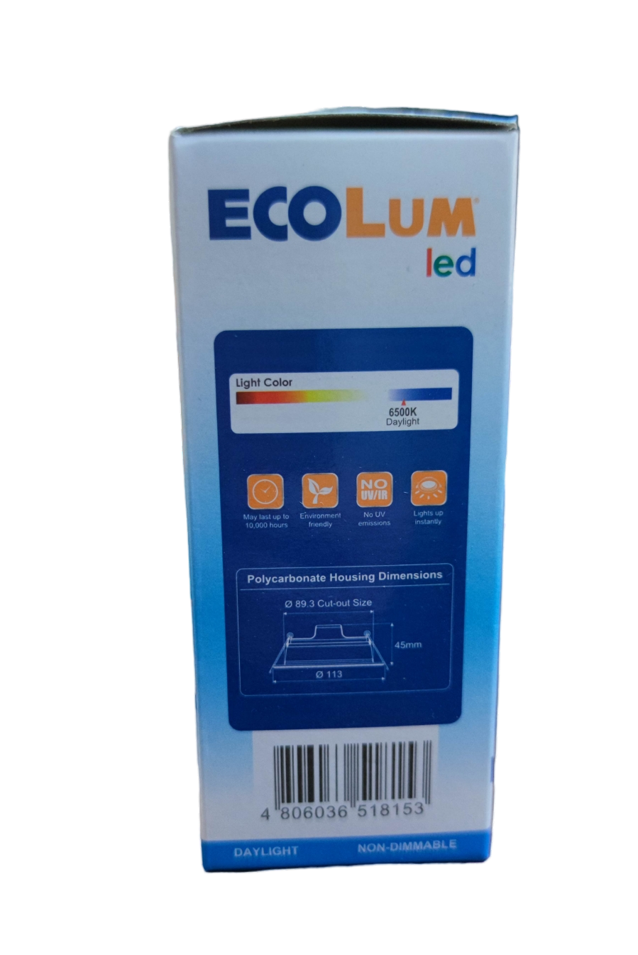 Ecolum 7W LED downlight daylight 6500K box showcasing its specifications and polycarbonate housing details