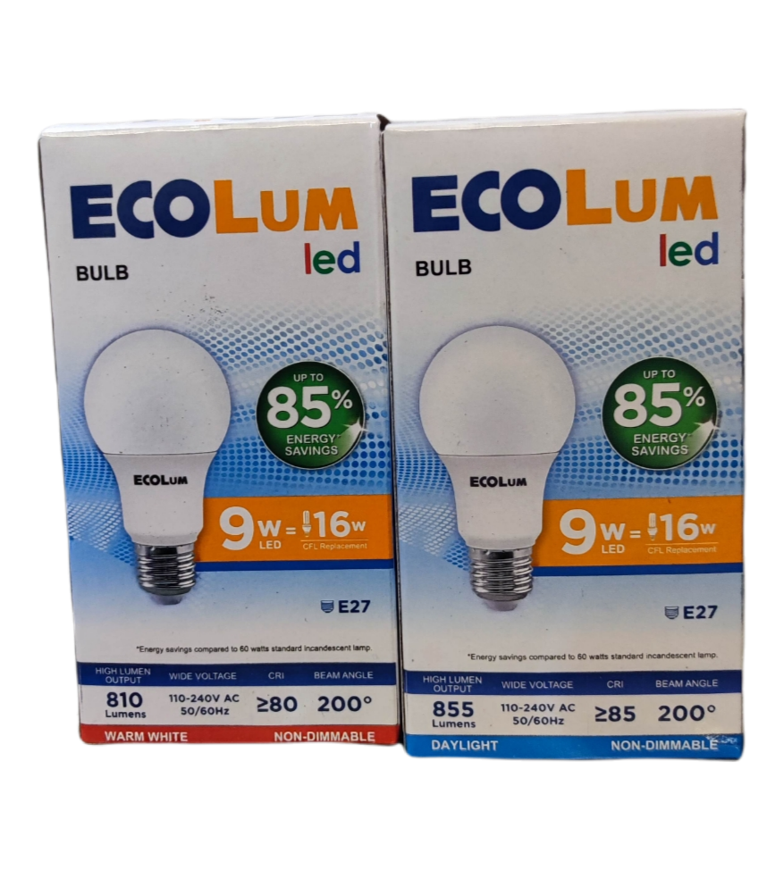 Ecolum 9W LED bulb daylight E27 packaged box showing energy savings up to 85 percent