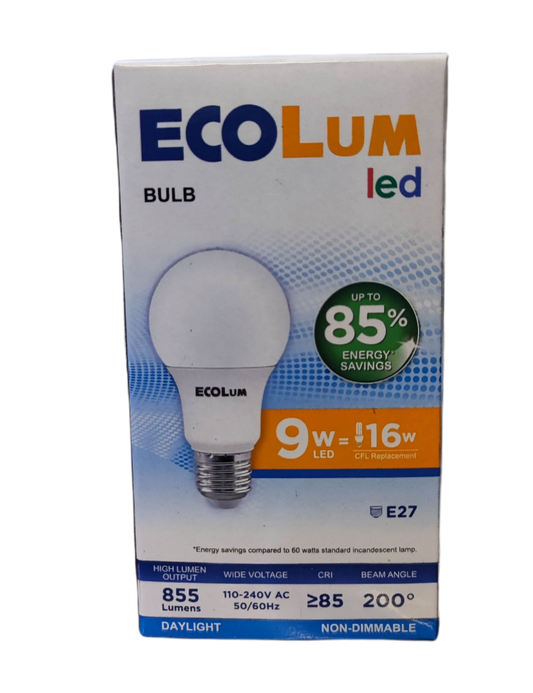 Ecolum 9W LED bulb daylight E27 with 855 lumens energy-efficient light bulb packaging