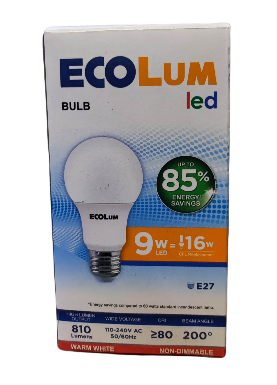 Ecolum 9W LED bulb warm white packaging showcasing energy savings and specifications