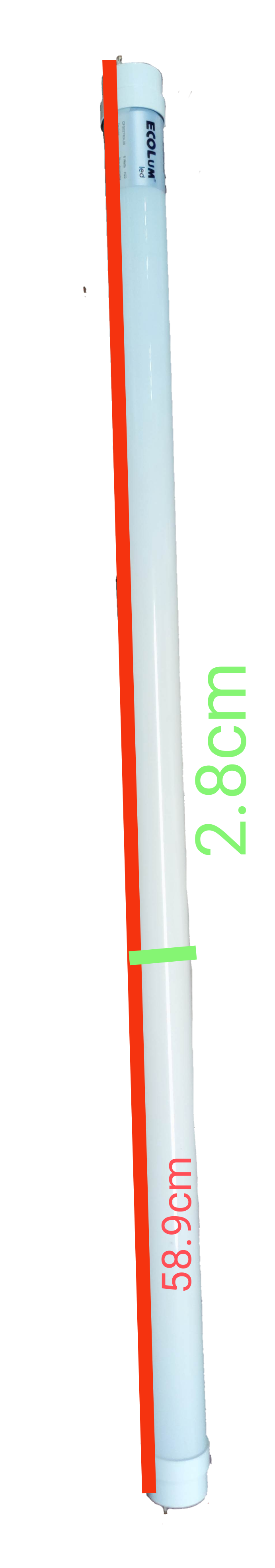 Ecolum 9W LED tube daylight light bulb measuring 58.9 cm in length and 2.8 cm in diameter