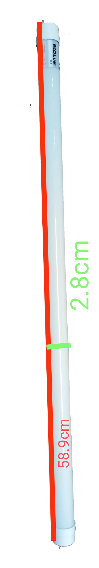 Ecolum 9W LED tube daylight light bulb measuring 58.9 cm in length and 2.8 cm in diameter