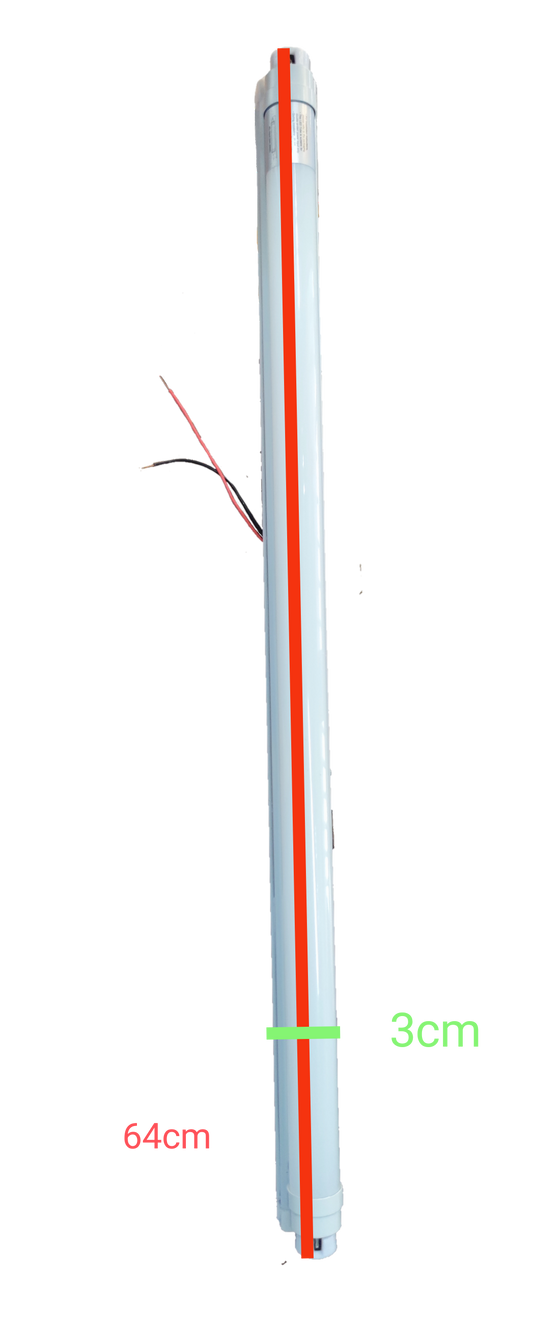 Ecolum 9W T8 LED tube light with fixture measuring 64cm length and 3cm diameter