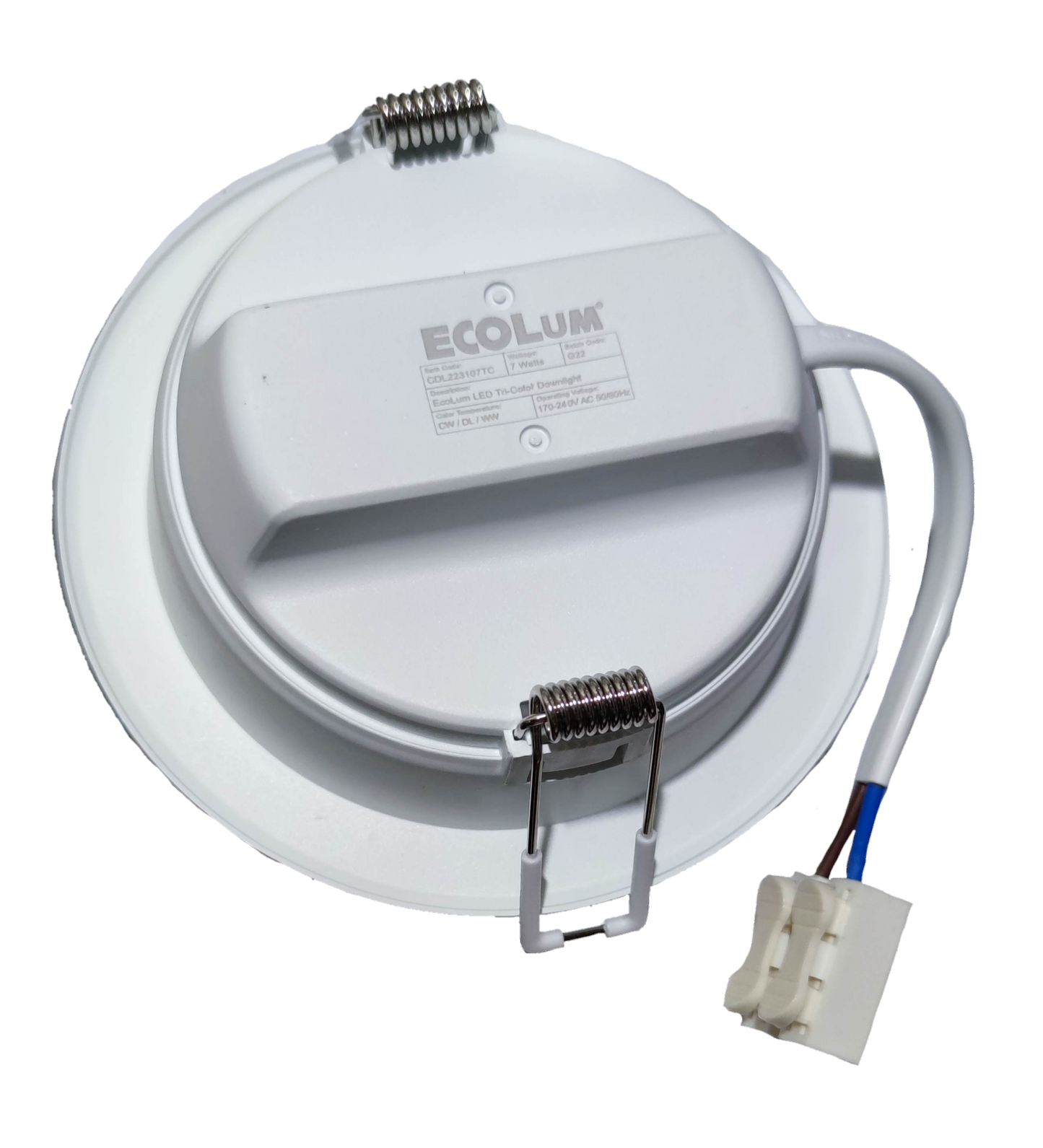Ecolum tri color LED downlight 7W 220V with a sleek white design for modern ceilings