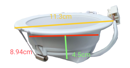 Ecolum tri color LED downlight 7W 220V with dimensions of 11.3cm diameter and 8.94cm height