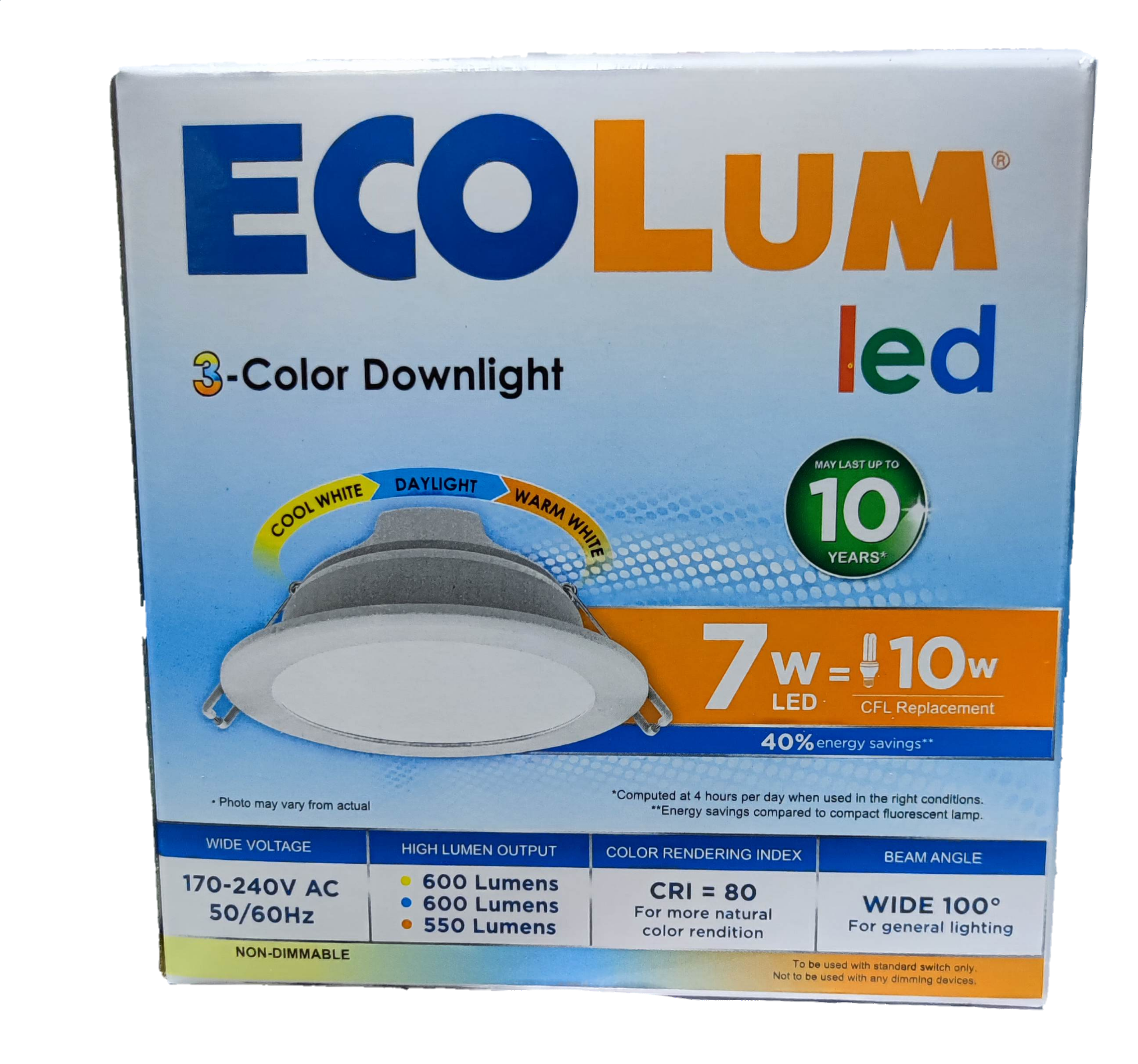 Ecolum tri color LED downlight 7W 220V box with features for energy-efficient lighting