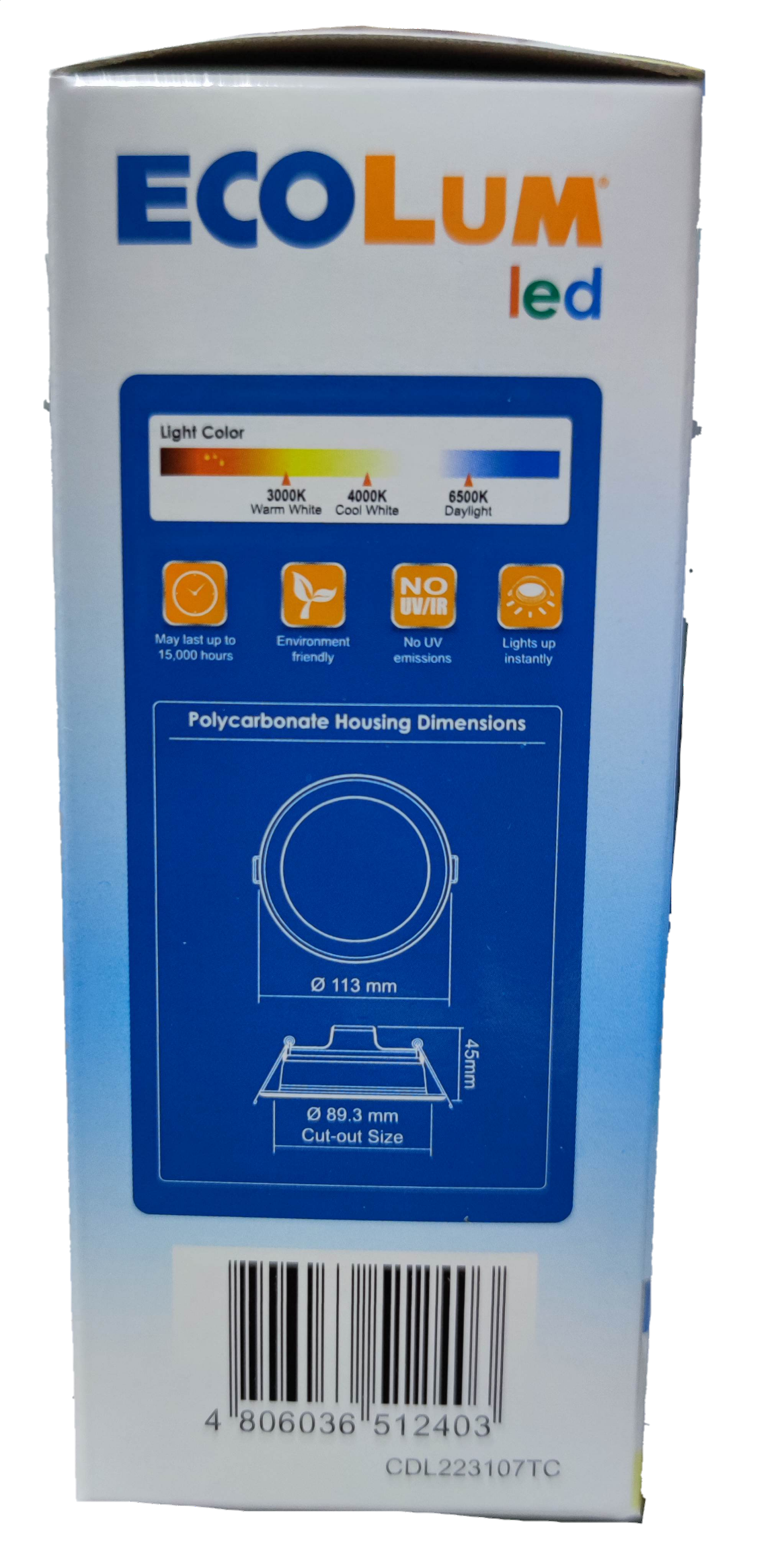 Ecolum tri color LED downlight 7W 220V packaging showing light color options and dimensions