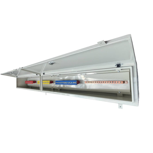 Local Bus Bar Gutter 3 Phase 600AF enclosed metal distribution box with three colored phase bus bars and copper neutral bar