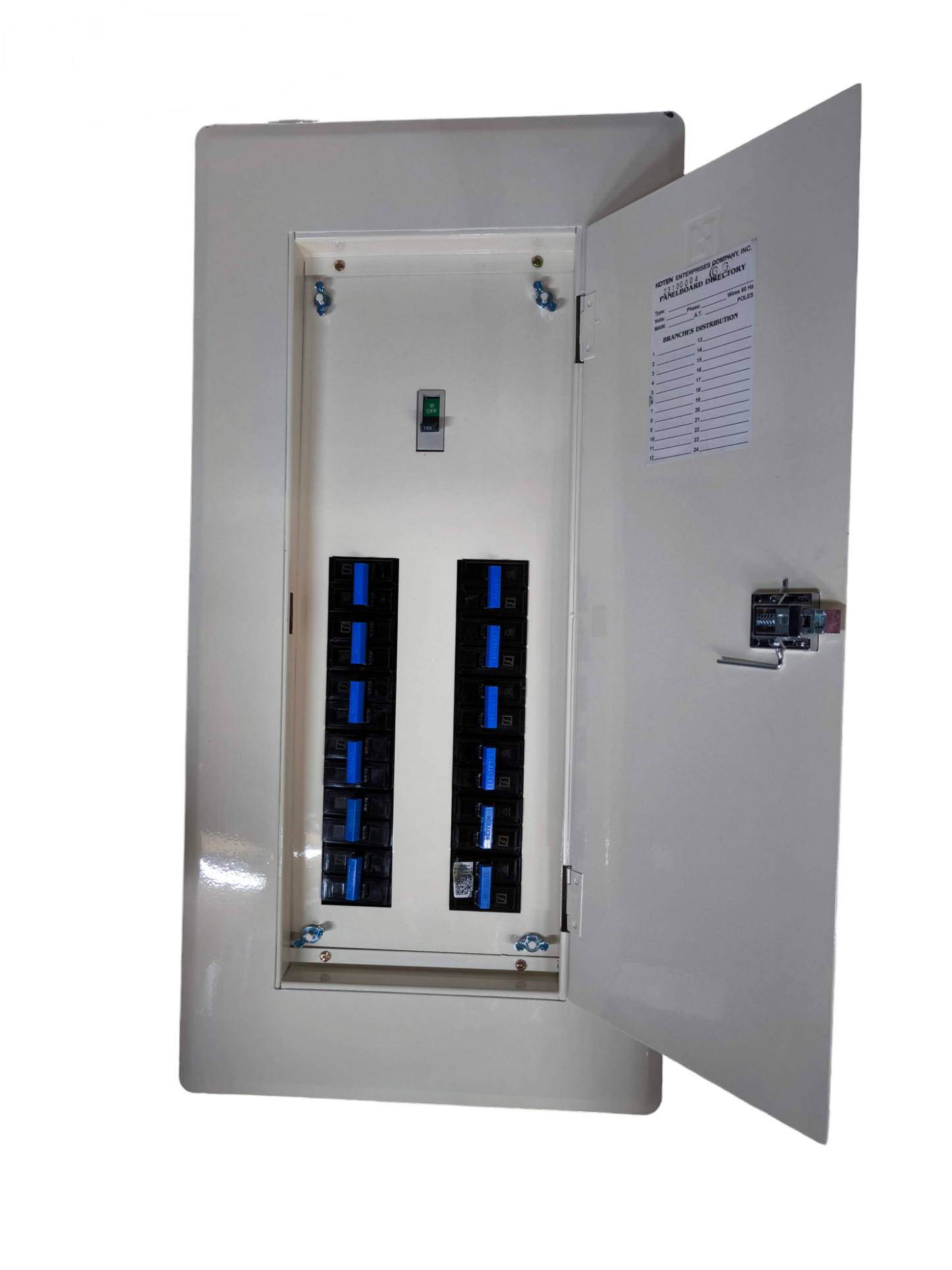 Koten 12 Branches 2 Pole HPH Bolt On Flush Type white flush electrical panel with open door and 12 breaker slots