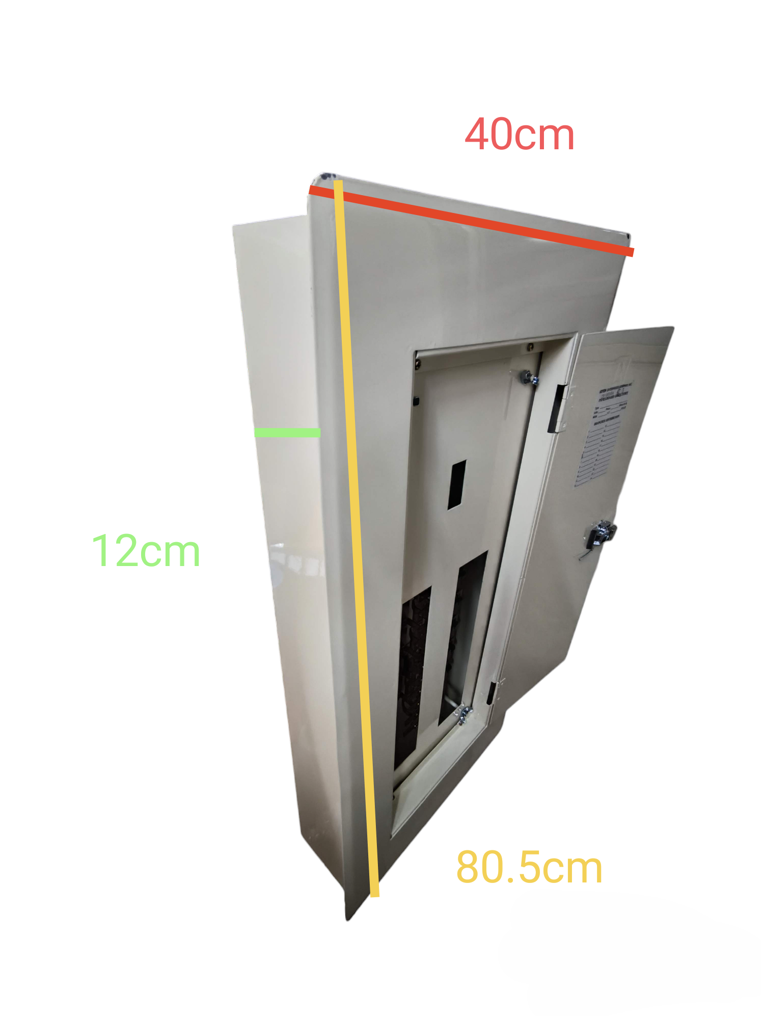 Koten metal electrical distribution box with hinged door and lock showing dimensions 12 Branches 2 Pole HPH Bolt On Flush Type