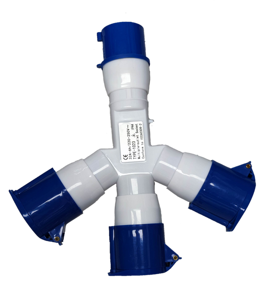 Grippes three way 3 pin 220V industrial plug adapter Y splitter white housing with three blue sockets