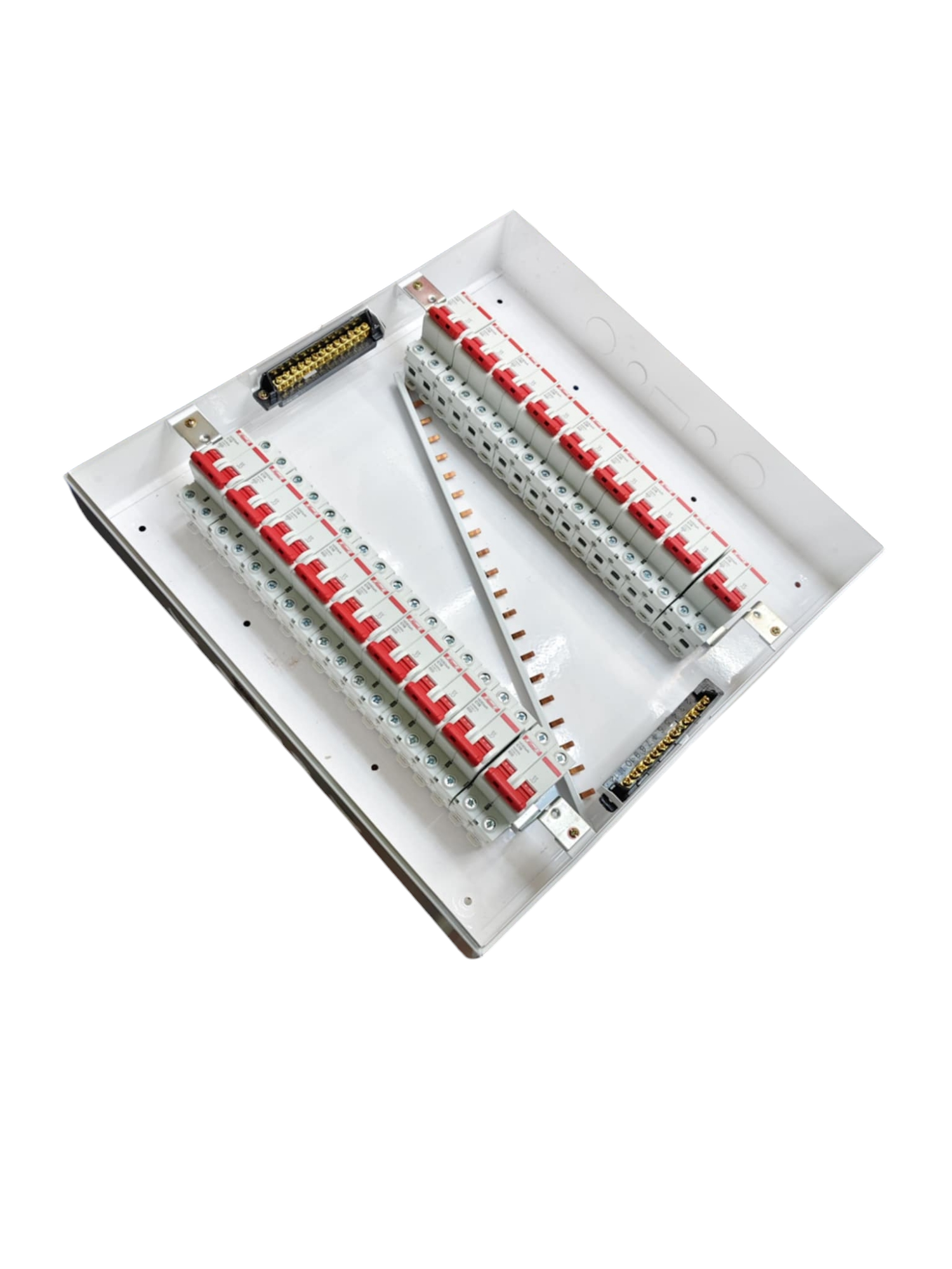 Koten Himel ZY 63A 2 pole panel board white metal enclosure with dual rows of red breakers and terminal strips