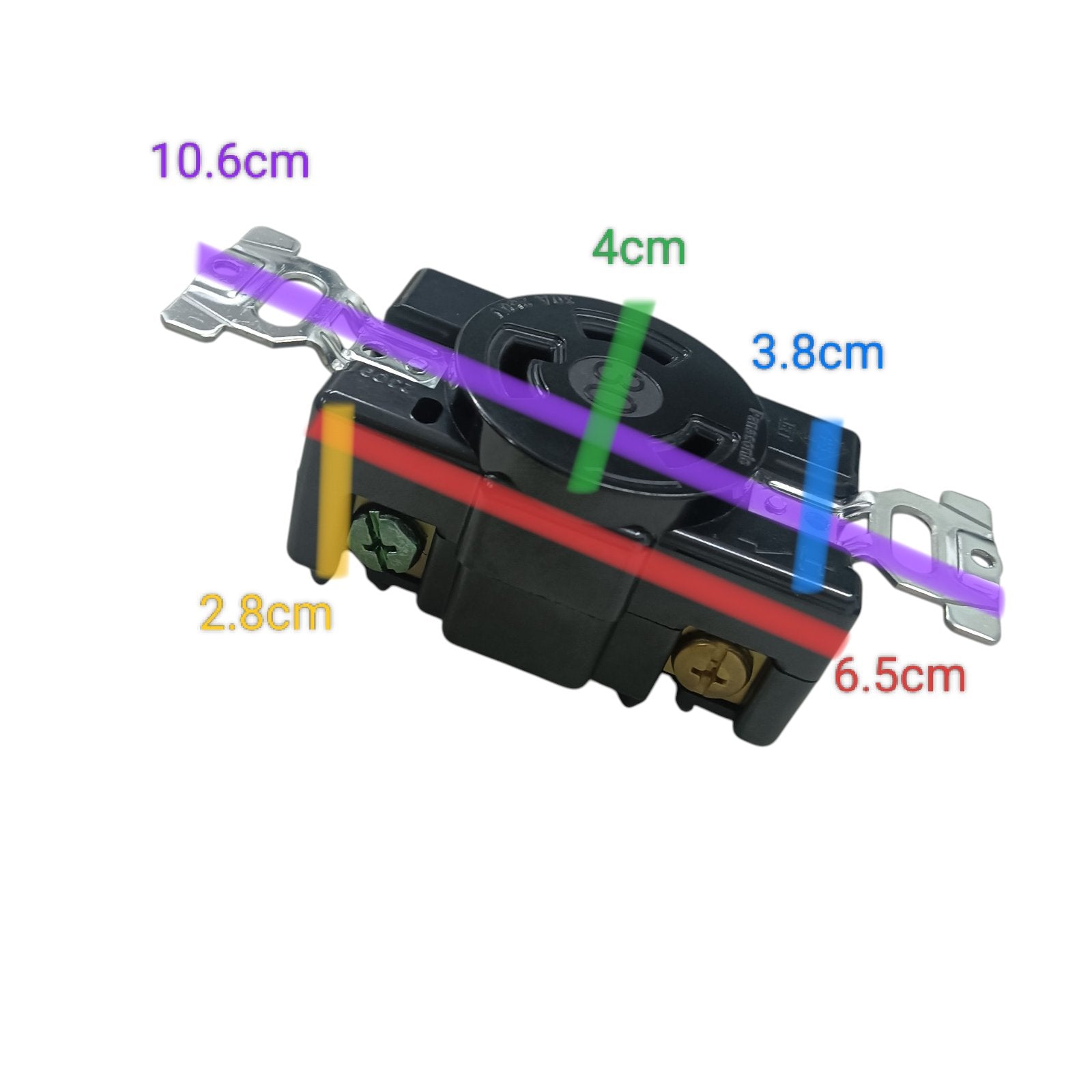 Panasonic NEMA L6 250V industrial outlet black receptacle with screw terminals and measured dimensions labeled