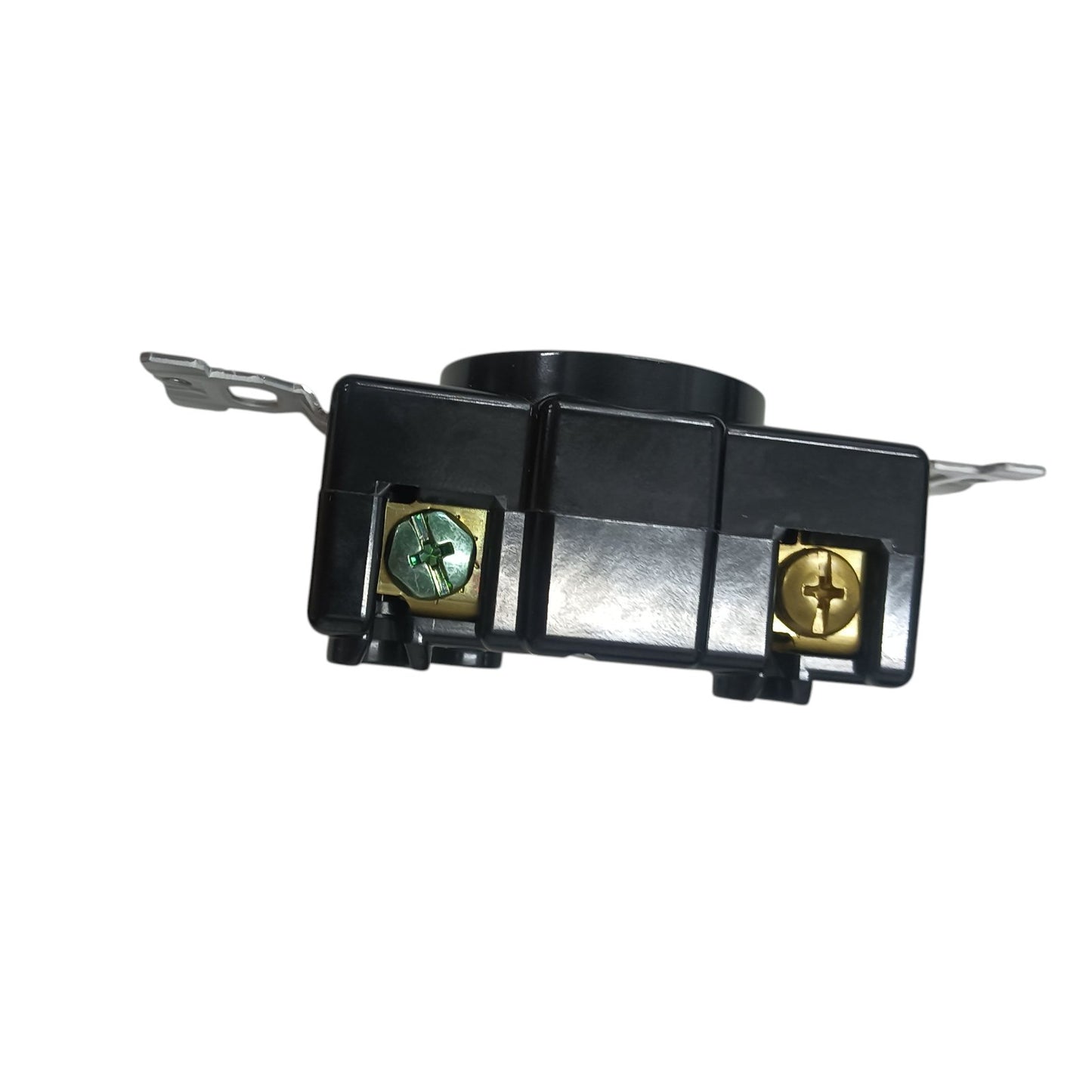 Panasonic NEMA L6 250V industrial outlet rear view with black housing screw terminals and mounting tabs