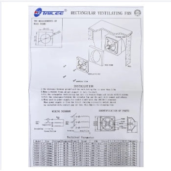 Installation guide for Tailee rectangular ventilating fan from Electx Electrical Supply with diagrams and specifications