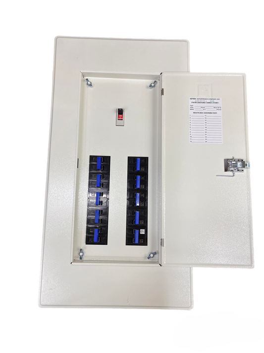 Koten Panel Board 10 Branches with 225a Main in metal enclosure with open door showing circuit breakers