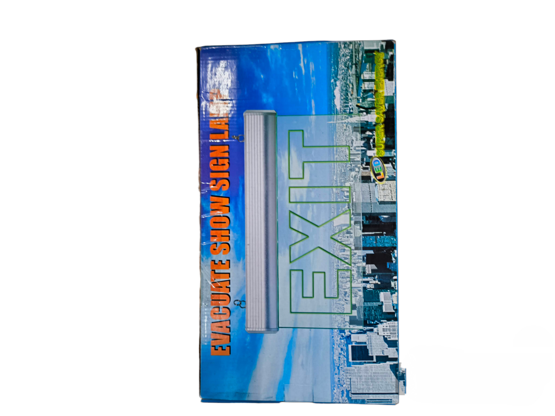 Denko EXIT Sign Acrylic Green 220V packaged box showing green acrylic EXIT graphic and city skyline