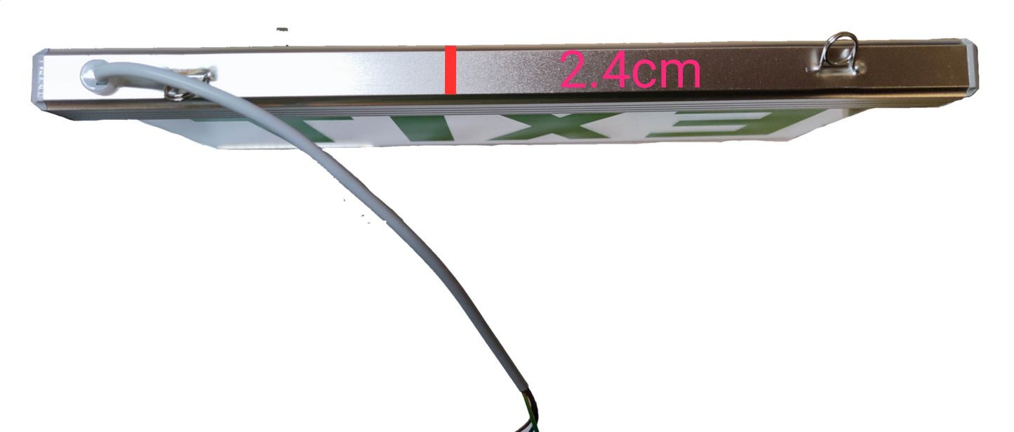 Denko EXIT Sign Acrylic Green 220V slim 24mm metal housing with hanging cable and mounting eyelets