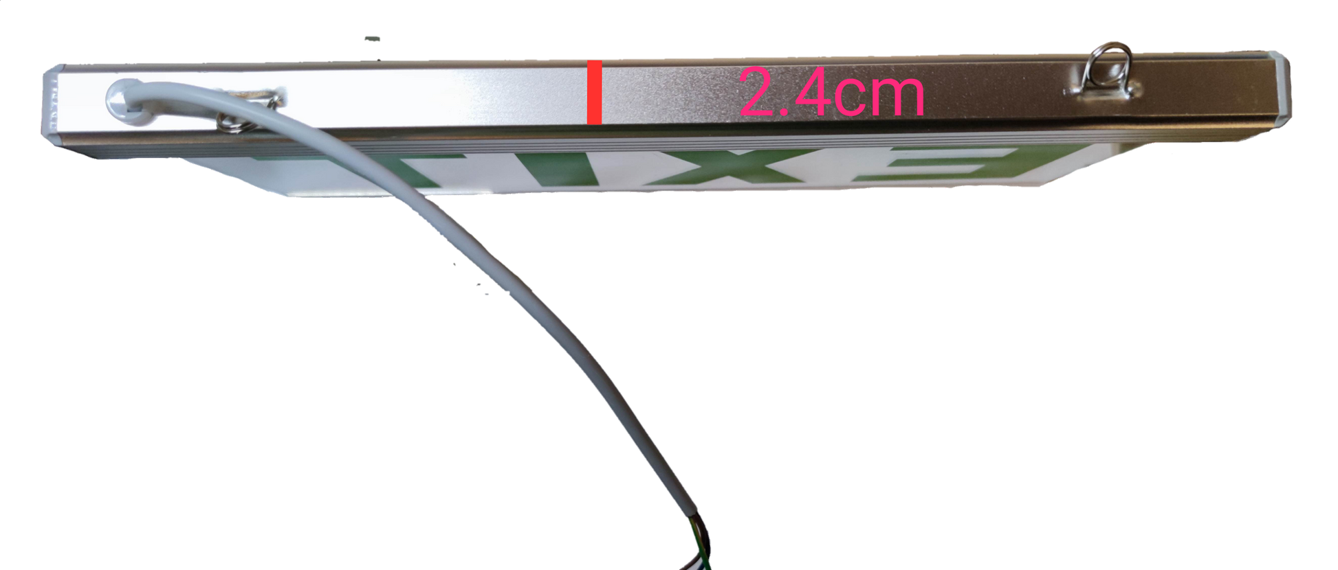 Denko EXIT Sign Acrylic Green 220V slim 24mm metal housing with hanging cable and mounting eyelets