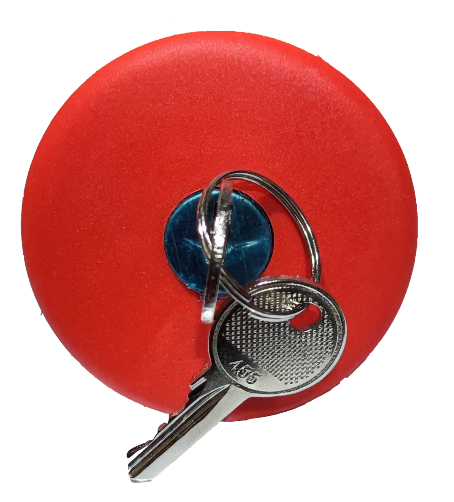 Sassin red emergency push button key to unlock with attached silver key on black background
