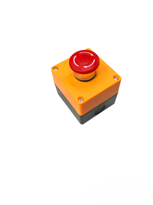 Auspicious emergency stop push button 25mm with red button on an orange and black base