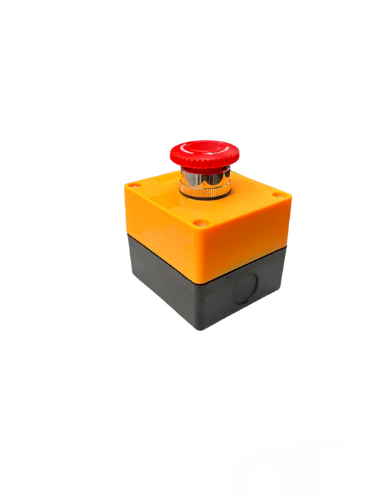 Auspicious emergency stop push button 25mm with red button on yellow and black power switch housing