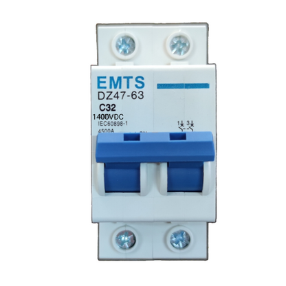 ZwitseRise 32A DC Miniature Circuit Breaker with blue switches and white casing for electrical circuitry