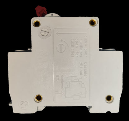 Chint 63A 2 pole circuit breaker white housing rear view with brass mounting inserts and red trip lever
