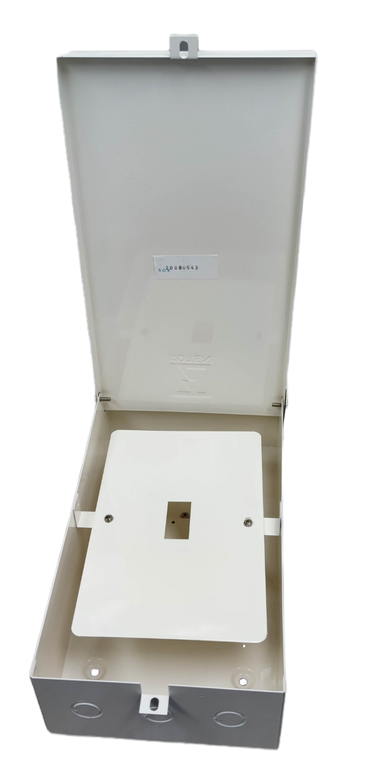 Enclosure for PW100SP Koten 2Pole electrical circuitry part with a white metal box and hinged cover