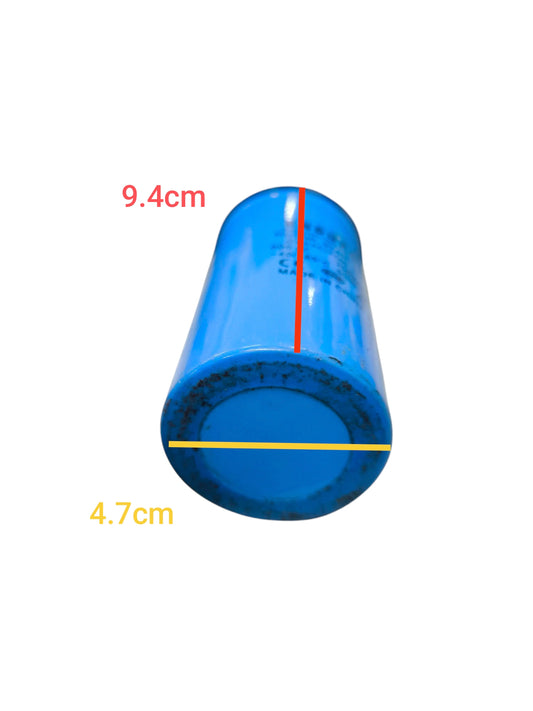 CBB 600uF 250V starting capacitor in blue with cylindrical shape and measurement details