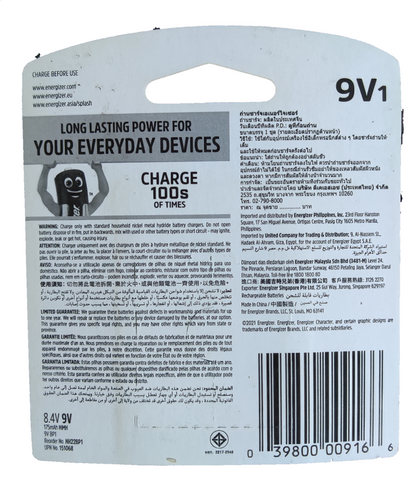 Energizer 9V rechargeable battery packaging with charging instructions and product details
