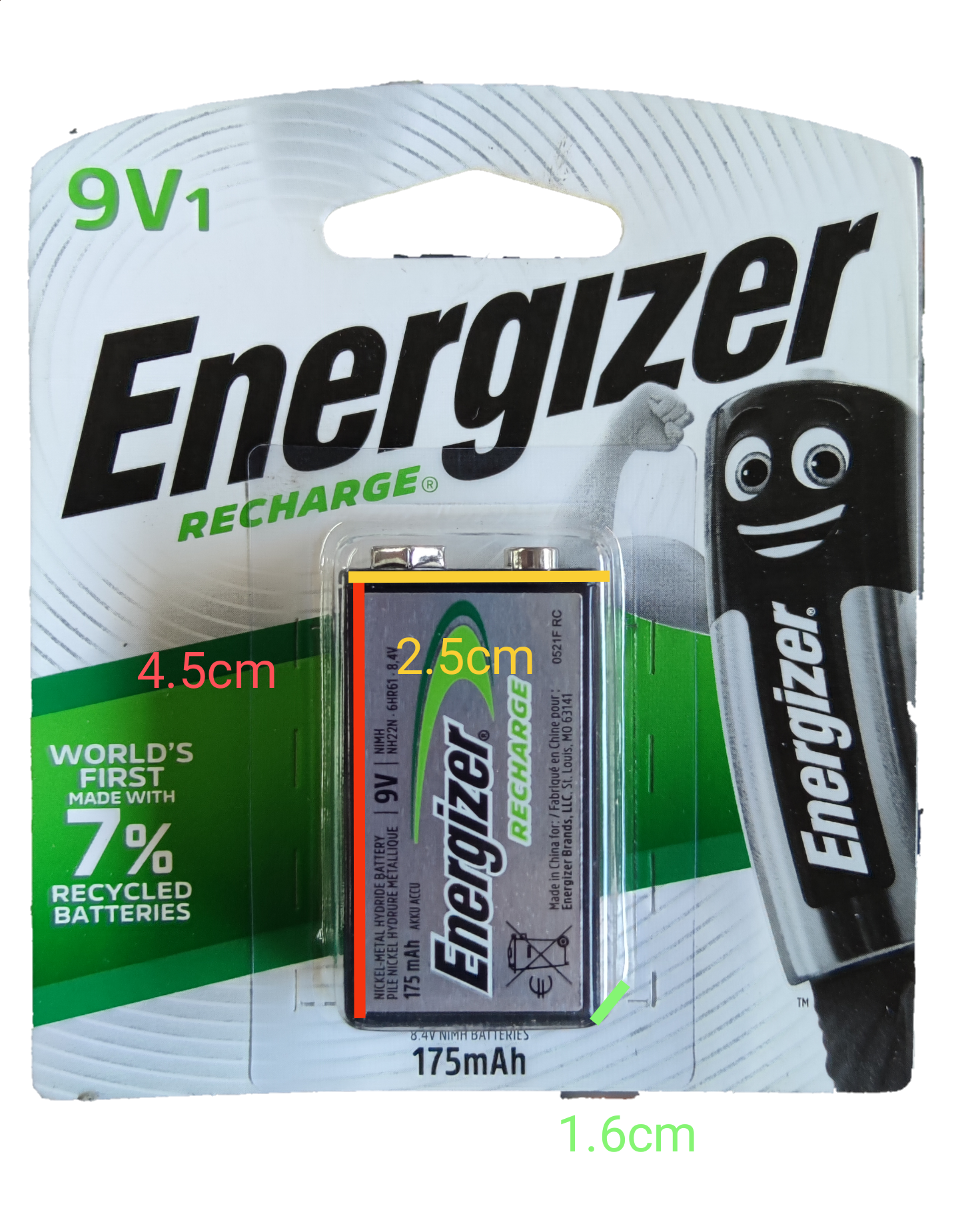Energizer 9V rechargeable battery on packaging highlighting eco-friendly features and specifications