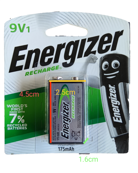 Energizer 9V rechargeable battery on packaging highlighting eco-friendly features and specifications
