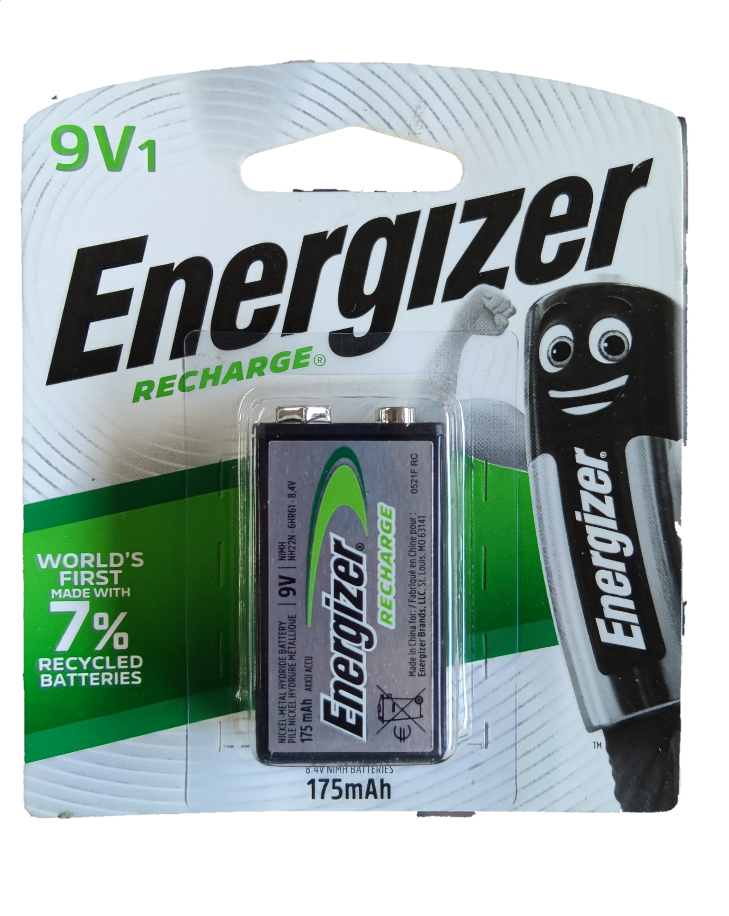Energizer 9V rechargeable battery in packaging featuring recycled materials for eco-conscious users