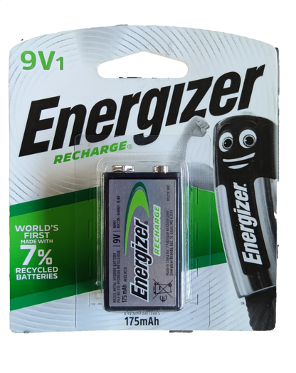 Energizer 9V rechargeable battery in packaging featuring recycled materials for eco-conscious users