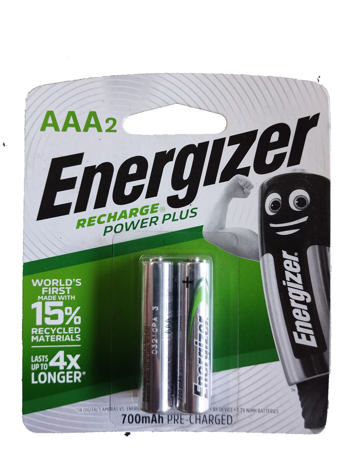 Energizer rechargeable AAA battery pack of 2 with 700mAh capacity, pre-charged and eco-friendly
