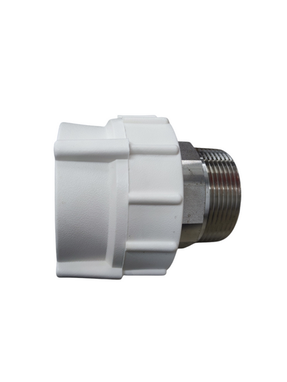 ERA PPR Male Thread Adapter 75mm with white plastic body and metal threaded end for pipes and hoses