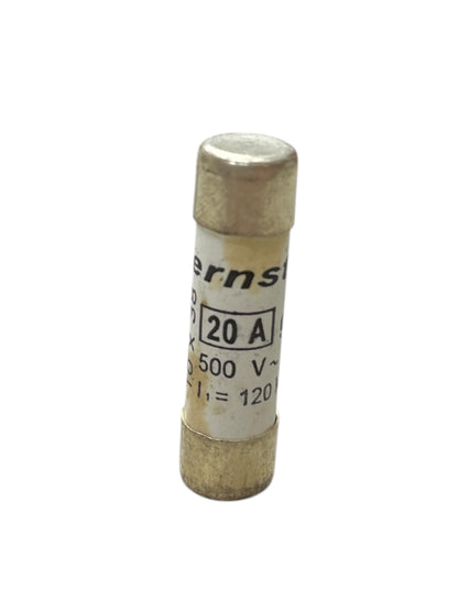 Ceramic Fuse 20A 10x38mm electrical component with metal end caps for circuit protection