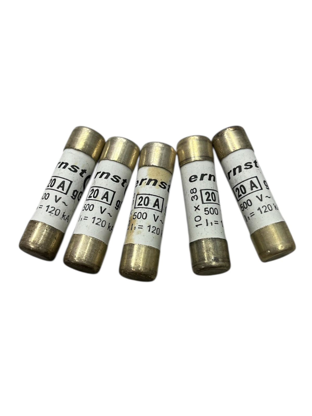 Set of five Ceramic Fuse 20A 10x38mm electrical components with metal end caps and white labels