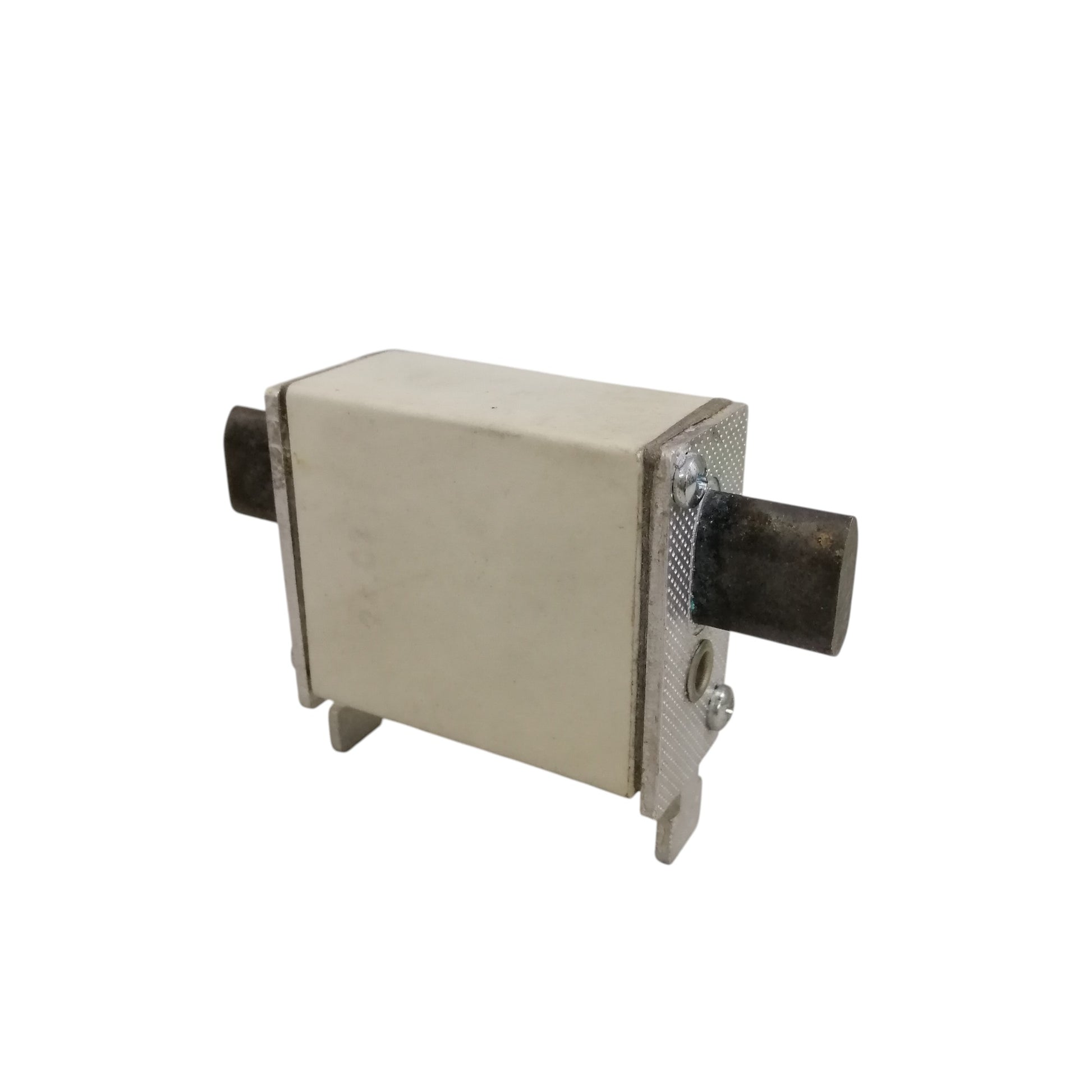 ETI 6A ceramic fuse 500V rectangular cartridge with metal end caps and mounting brackets