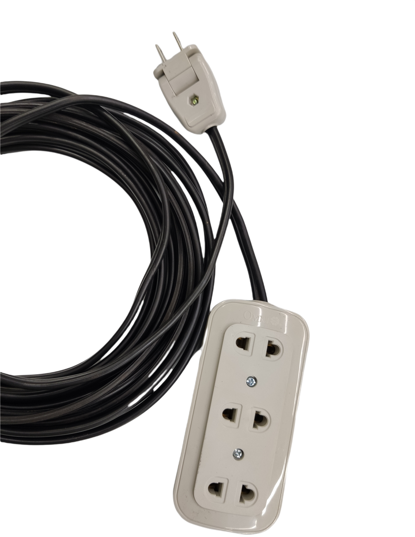 Omni power strip with Extension Cord 2200W 10A featuring three outlets and long black cable