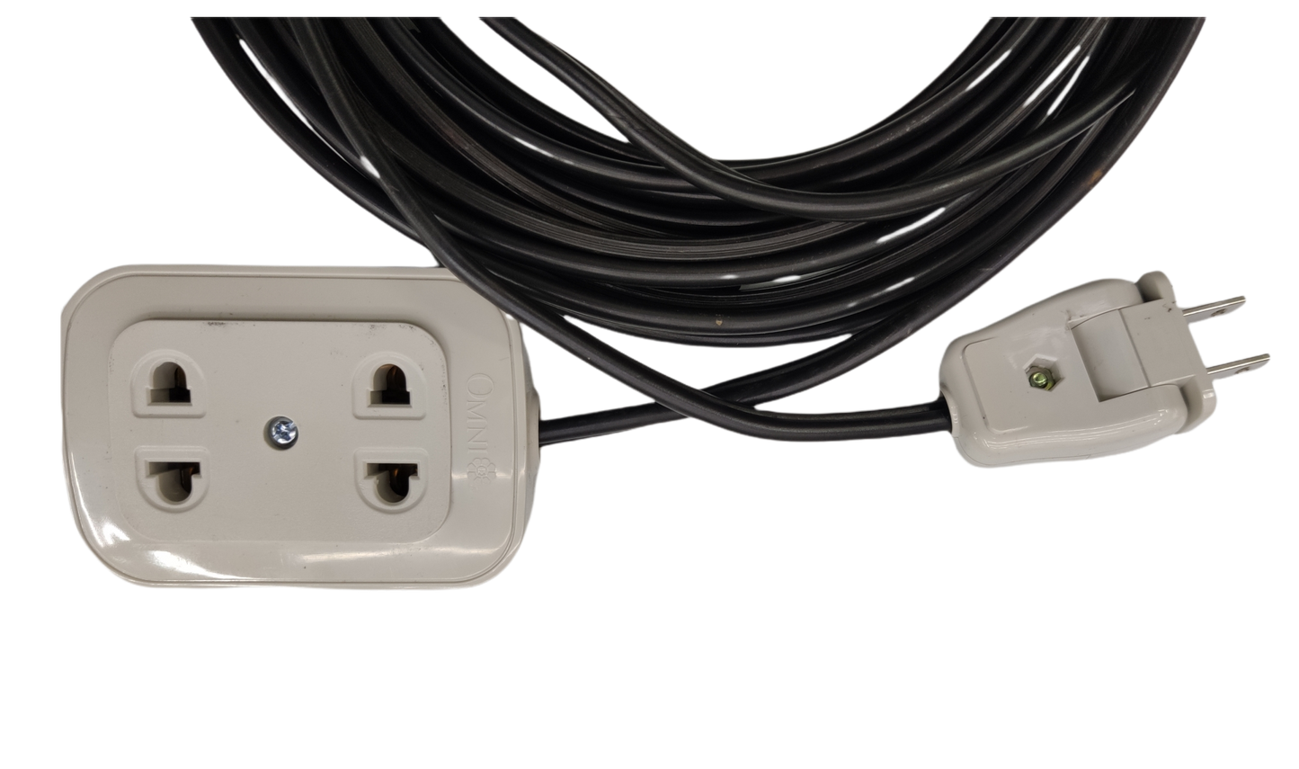 Omni Extension Cord 2200W 10A with dual outlet power strip and long black cable on black background