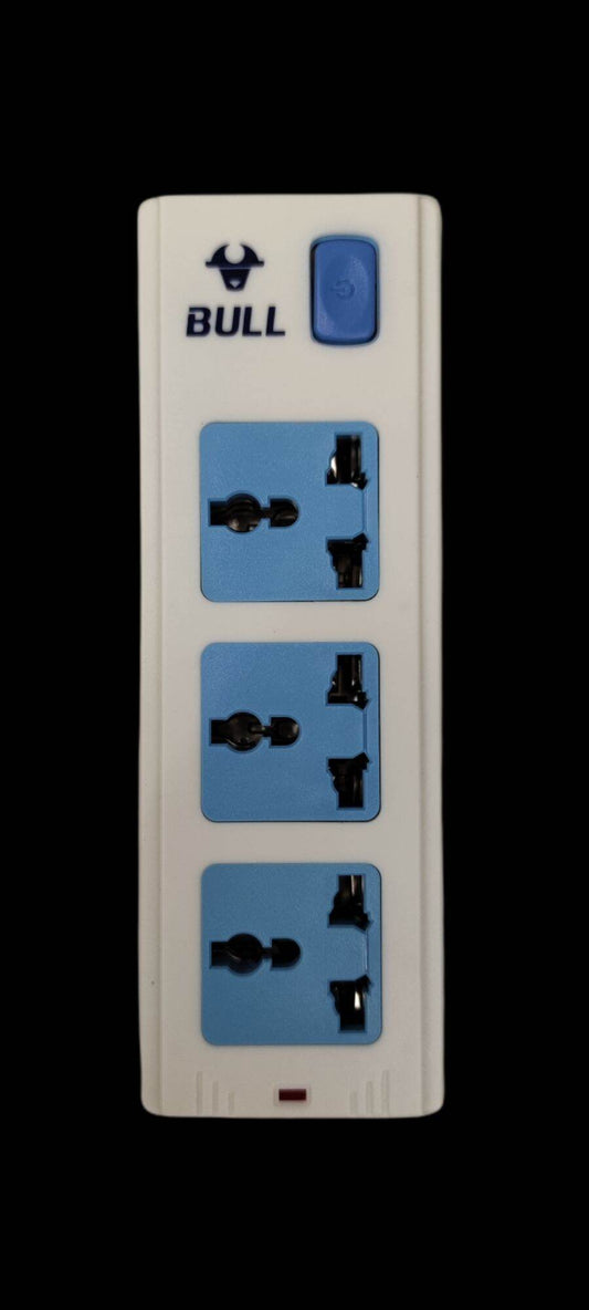 Bull Extension Cord Outlet Universal Type 3 Gang power strip with blue universal sockets and blue switch