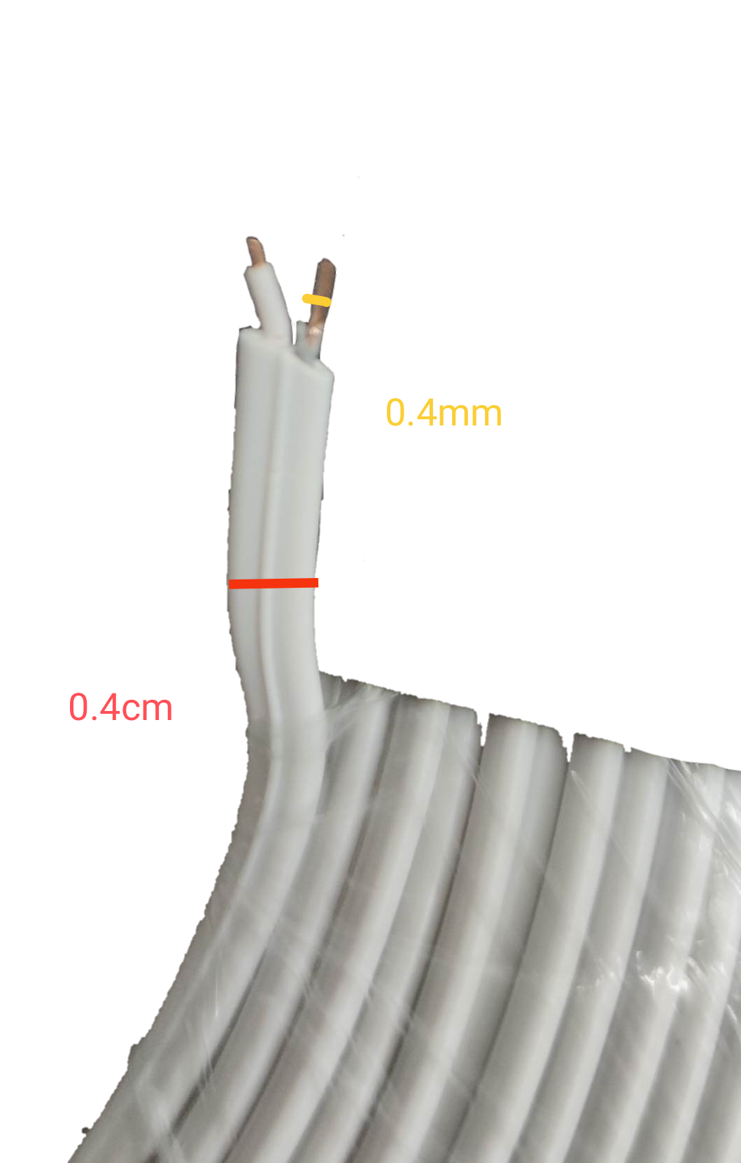 Extension Wire 2 Wire White Color AWG 26 coiled with exposed copper ends on black background