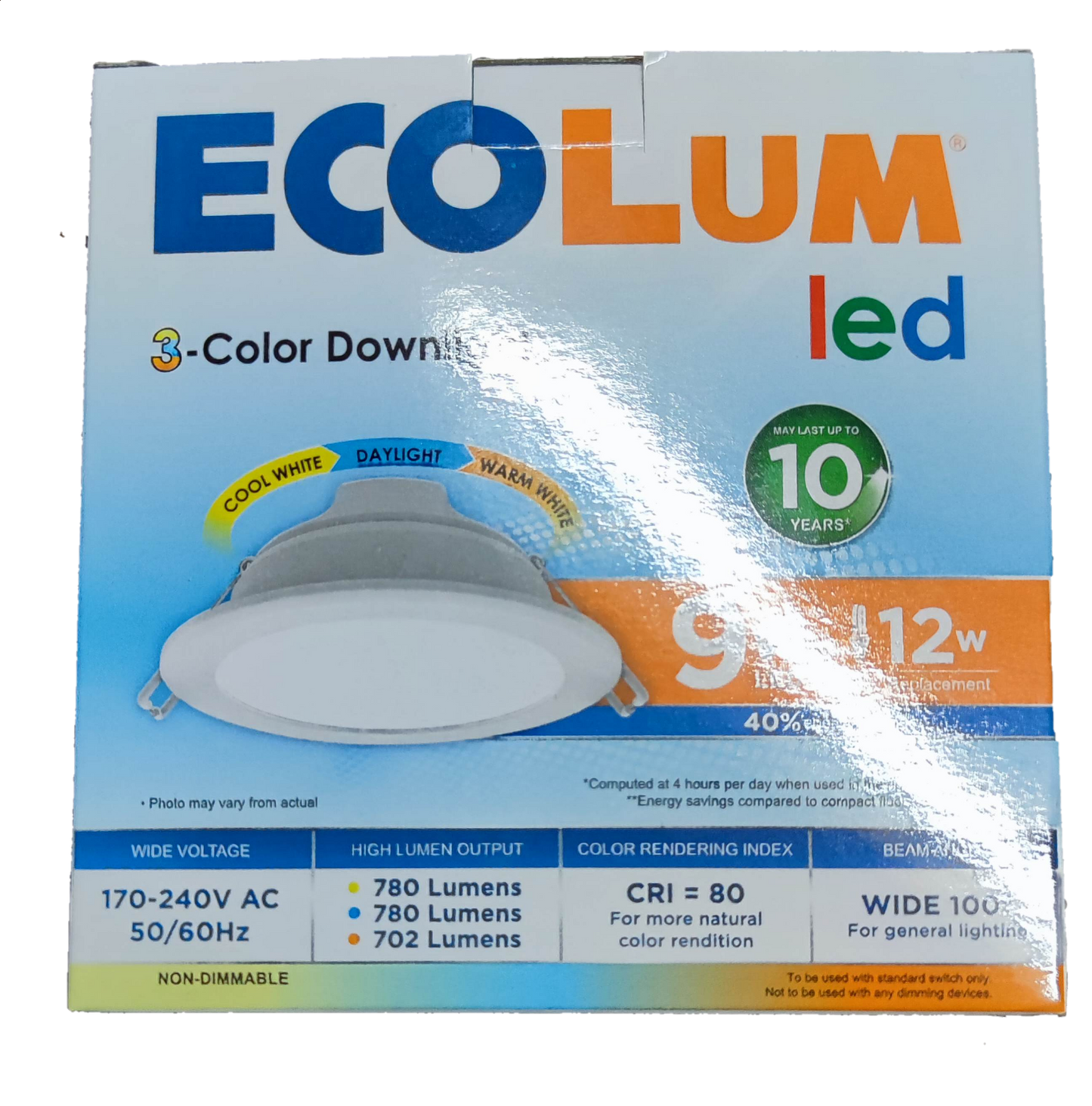 Ecolum Tri Color LED Downlight 9W 220V Warm White Daylight Cool White