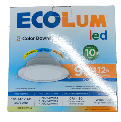 Ecolum Tri Color LED Downlight 9W 220V Warm White Daylight Cool White