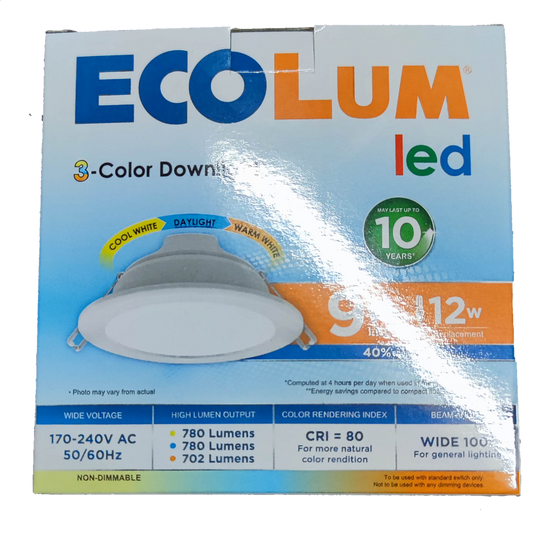 Ecolum Tri Color LED Downlight 9W 220V Warm White Daylight Cool White
