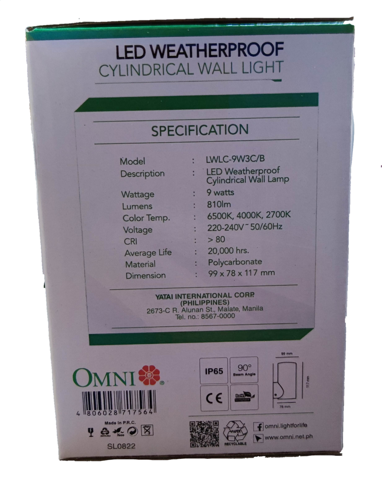 Omni 9W Tri Color LED Wall Lamp 220V Weather Proof 810 Lumens 6500K, 4000K, 2700K