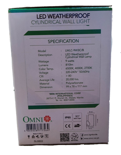 Omni 9W Tri Color LED Wall Lamp 220V Weather Proof 810 Lumens 6500K, 4000K, 2700K