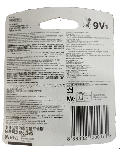 Energizer 9V Battery Alkaline 9V 6LF22